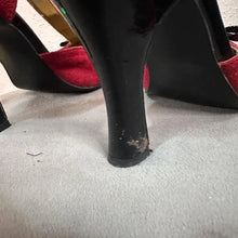 Red Suede Black Patent T-Strap Heels: Leopard Insole, Button Detail Pumps (Size 10)