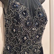 Vintage 1980s Beaded Fringe Dress | Midnight Blue Asymmetric Mock Neck Evening Gown