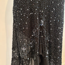 Vintage Black Beaded Sequin One Shoulder Maxi Dress, Silver Floral Embellished Evening Gown, Asymmetric Ruffle Hem, Statement Party Dress
