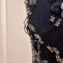 Vintage 1980s Beaded Fringe Dress | Midnight Blue Asymmetric Mock Neck Evening Gown