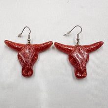 Vintage Red Glitter Longhorn Skull Drop Earrings | Western Cowgirl Resin Statement Earrings