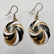 Vintage Black White & Gold Swirl Enamel Earrings | Retro Round Dangle Earrings | Statement Jewellery