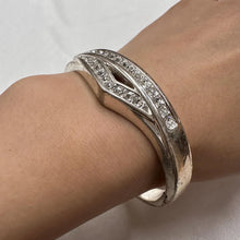 Vintage Rhinestone Open Cuff Bracelet / Silver Tone Geometric Bangle / Art Deco Style Jewelry