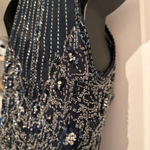 Vintage 1980s Beaded Fringe Dress | Midnight Blue Asymmetric Mock Neck Evening Gown
