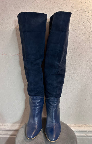 Blue Two-Tone Over The-Knee Boots – Suede & Leather Mix