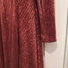 Burgundy Copper Sequin Formal Gown – Double Front Slit Long Sleeve Maxi Dress, Padded Cups & Back Zip, Shimmering Red Bronze Evening