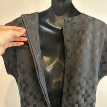 Vintage Black Geometric Jacquard Wrap Dress, V-Neck, Sleeveless, Architectural Style