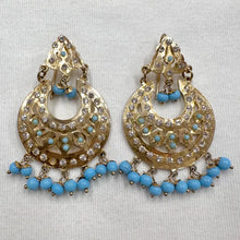 Vintage Gold & Turquoise Rhinestone Drop Earrings – Boho Crescent Dangle