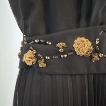 Mary Charmaine Black Pleated Jumpsuit, Embellished Waist, Sheer Wide Leg Trousers
