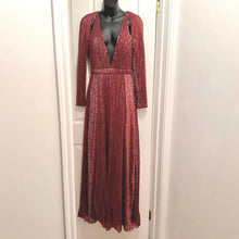 Burgundy Copper Sequin Formal Gown – Double Front Slit Long Sleeve Maxi Dress, Padded Cups & Back Zip, Shimmering Red Bronze Evening