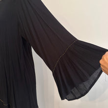 Black Pleated Open Back Tunic Dress, Gold Embellished Long Sleeve Mini Dress, Flared Sleeve Black Dress, Elegant Vintage Eveningwear