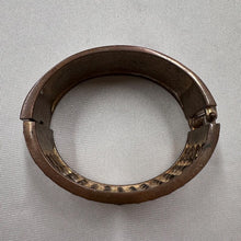 Vintage Rhinestone Metal Cuff Bangle / Wide Bronze Statement Bracelet / Glam Retro Jewelry