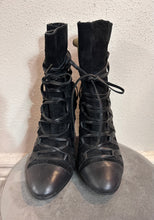 Black Lace-Up Block Heel Boots – Strappy Suede & Leather Look, Statement Ankle Boots