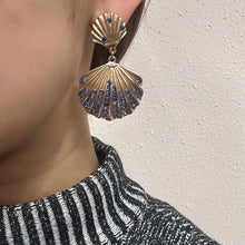 Vintage Gold Seashell Statement Earrings | Blue Rhinestone Shell Drop Earrings | Coastal Nautical Earrings | Ocean Inspired Jewellery