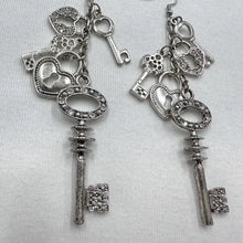 Vintage Silver Key Charm Dangle Earrings – Long Statement Heart & Lock Drop