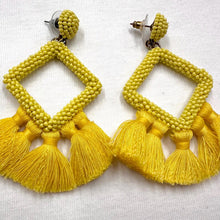 Bright Yellow Beaded Tassel Statement Earrings – Geometric Fringe Drops