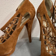 Vintage Brown Suede Open Toe Platform Heels – Lace-Up Stiletto Pumps (US 10)