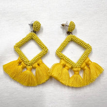 Bright Yellow Beaded Tassel Statement Earrings – Geometric Fringe Drops