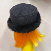 Vintage Charcoal Wool Blend Hat | Black Faux Fur Trim Winter Cap