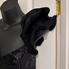 Vintage Nadine Black Sequin One Shoulder Gown | Asymmetrical Taffeta Bow Formal Dress ￼