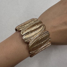 Vintage Feather Motif Stretch Bracelet / Gold Tone Statement Cuff / Textured Retro Jewelry