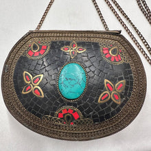 Vintage Bohemian Metal Clutch Bag | Turquoise Style Stone Crossbody Purse | Tribal Mosaic Evening Bag