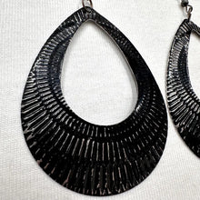 Black Textured Teardrop Statement Earrings – Glossy Sculptural Drop Hoops