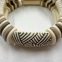 Vintage Tribal Elastic Statement Bracelet | Carved Ivory & Taupe Resin Beads | Boho Chunky Stretch Bracelet