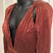 Burgundy Copper Sequin Formal Gown – Double Front Slit Long Sleeve Maxi Dress, Padded Cups & Back Zip, Shimmering Red Bronze Evening