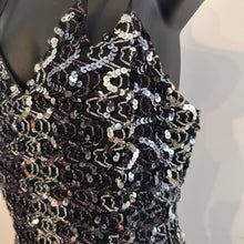Angelucci Design Sequin Maxi Dress, Black Silver Mermaid Hem, Spaghetti Strap Evening Gown