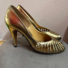 Vintage Gold Leather Peep Toe Heels Size EU 37 | Woven Detail Pumps Metallic Party Shoes Stiletto Heel