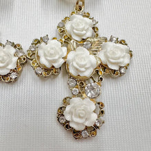 Vintage White Rose Cross Statement Earrings | Baroque Floral Rhinestone Drop Earrings | Gold Tone Romantic Gothic Jewel