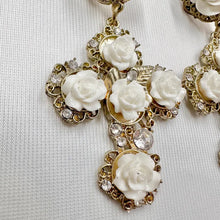 Vintage White Rose Cross Statement Earrings | Baroque Floral Rhinestone Drop Earrings | Gold Tone Romantic Gothic Jewel