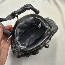Vintage Charcoal Grey Satin Ruched Evening Bag, Kiss Lock Frame Purse, Y2K Formal Mini Handbag