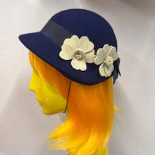 Vintage Navy Wool Felt Cloche Hat | Floral Appliqué, 1960s Style, Made England