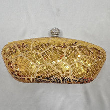 Gold Sequin Evening Clutch Bag | Rhinestone Clasp, Chain Purse, Vintage Glam Handbag