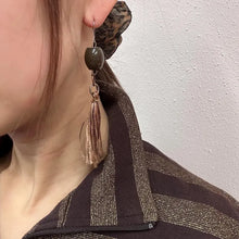 Vintage Olive Acrylic Bead Tassel Earrings | Long Boho Fringe Drop Earrings | Earth Tone Statement Earrings