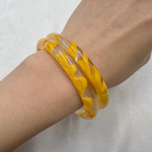 Vintage Yellow Floral Clear Acrylic Bangle Set | Set of 2 Retro Lucite Style Bracelets | 70s Statement Jewelry