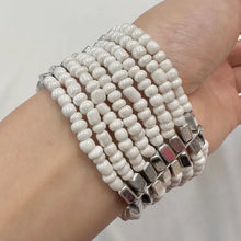 Vintage White Beaded Cuff Stretch Bracelet | Multi Strand Seed Bead Bracelet | Silver Tone Statement Cuff | Boho Minimalist Layered Jewelry