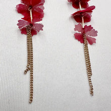 Statement Red Floral Drop Earrings | Fabric Flower Cascade Earrings | Gold Tone Long Dangle Stud Earrings
