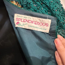 Vintage 80s Heavily Beaded Silk Gown Emerald Teal Sequin Cutout Prom Pageant Dress