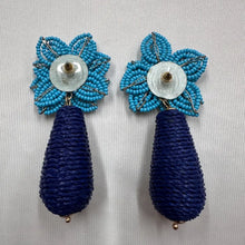 Vintage Blue & Turquoise Beaded Floral Statement Earrings | Raffia Drop Earrings | Tropical Boho Dangle Earrings
