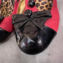 Red Suede Black Patent T-Strap Heels: Leopard Insole, Button Detail Pumps (Size 10)