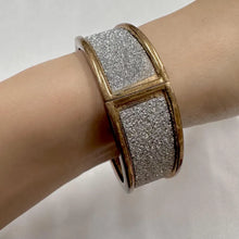 Vintage Silver Glitter Hinged Bangle | Oval Sparkle Bracelet | Silver Tone Clamper Cuff | Retro Statement Jewelry