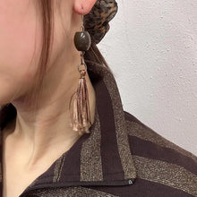 Vintage Olive Acrylic Bead Tassel Earrings | Long Boho Fringe Drop Earrings | Earth Tone Statement Earrings