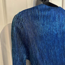 Vintage Electric Blue Metallic Pleated Mini Dress | 1980s Sheer Ruffle Party Cocktail Dress