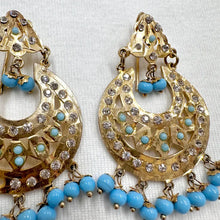 Vintage Gold & Turquoise Rhinestone Drop Earrings – Boho Crescent Dangle