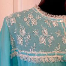 Vintage Aqua Blue Long Sleeve Granny Nightgown - White Embroidered Lace Bodice Yoke Bow Accent Sleep Dress - Fits Modern Large