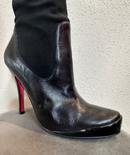 Black Stretch Panel High Heel Boots – Pointed Toe, Sleek Leather Look, Platform Stiletto Boots
