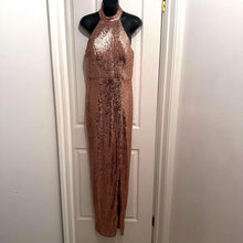 Bariano Rose Gold Sequin Halter Maxi Dress – Y2K Glam Open Back Formal Gown